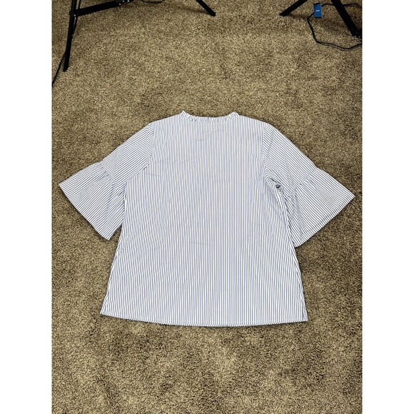 Quacker Factory by Jeanne Bice Floral Pop Over Blouse Top Striped Blue M - Picture 4 of 5